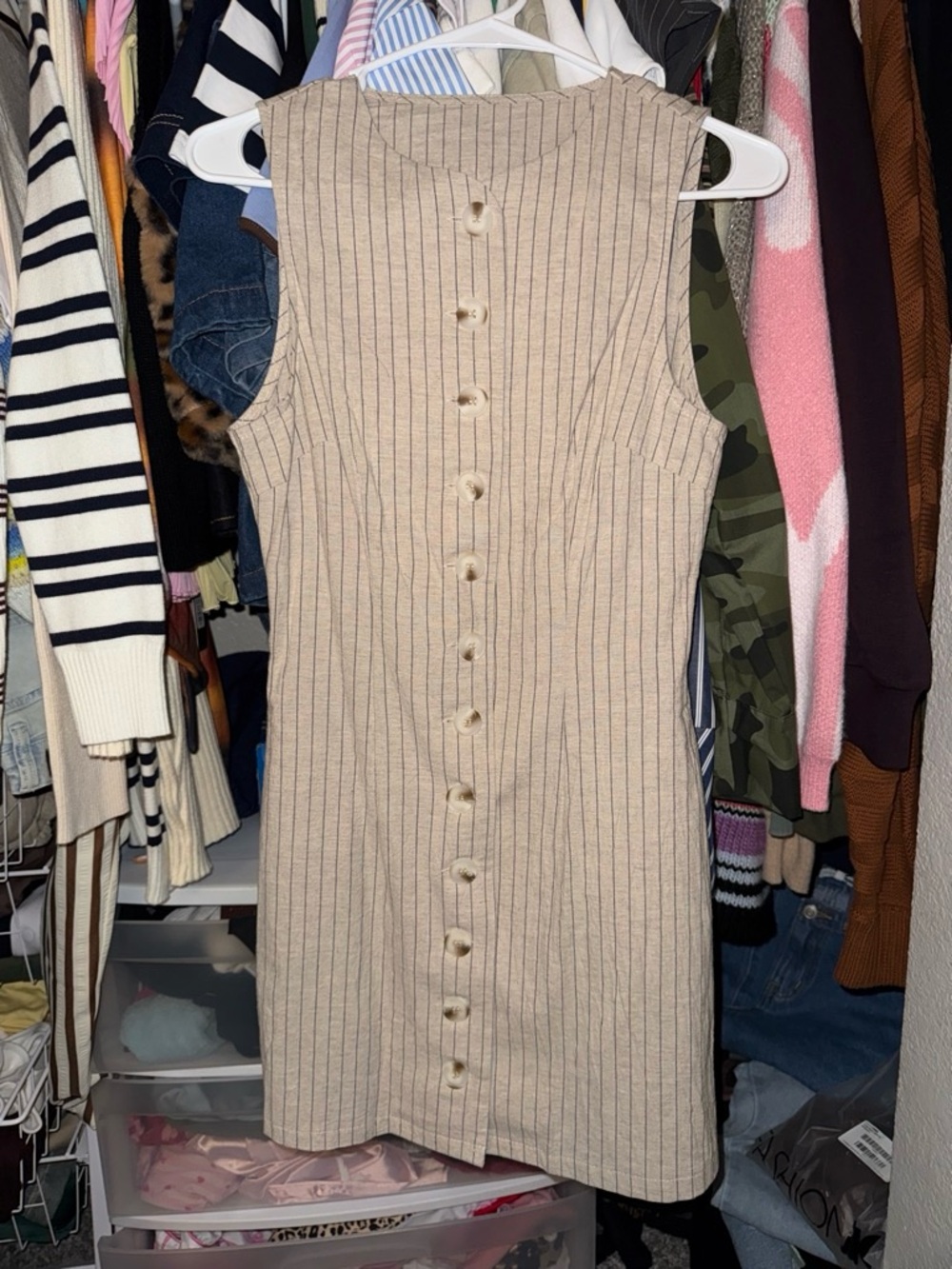 SHEIN
Sleeveless Beige Pinstripe Button-Front Dress